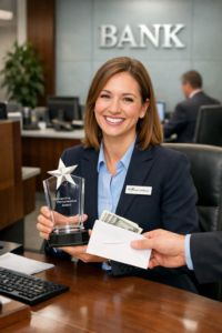Happy bank employee receiving recognition in office