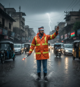 Traffic police officer working in difficult weather conditions in Pakistan