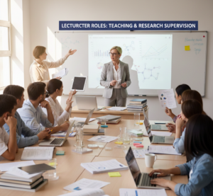 Lecturer explaining concepts to students while managing research projects, showcasing Lecturer Jobs duties