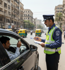 Traffic police jobs officer issuing a challan to a driver in Pakistan.