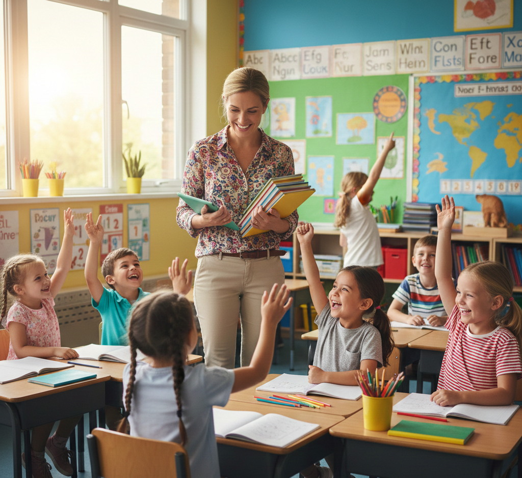 Primary Teaching Jobs showing a professional primary teacher interacting with students in a bright classroom