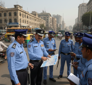 Traffic police officers of different ranks in Pakistan.