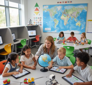Primary Teaching Jobs with a teacher interacting with diverse students in an international classroom
