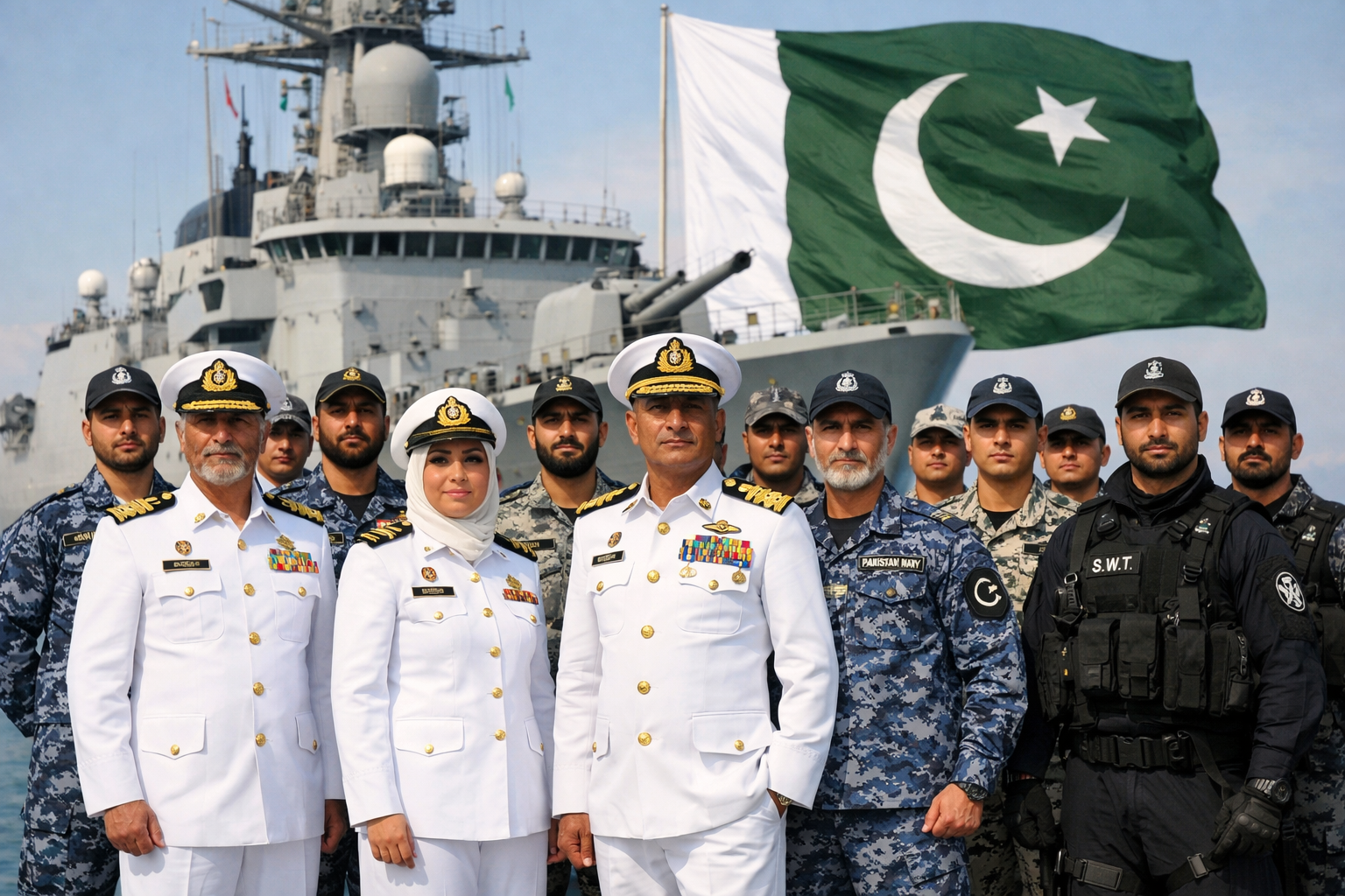 Pakistan Navy Jobs – Officers and Sailors in uniform standing in front of naval ship